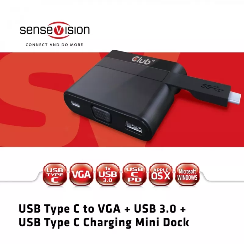 CLUB3D USB Type-C naar VGA + USB 3.0 + USB Type-C opladen mini dock