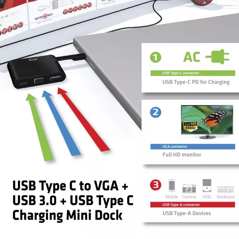 CLUB3D USB Type-C naar VGA + USB 3.0 + USB Type-C opladen mini dock