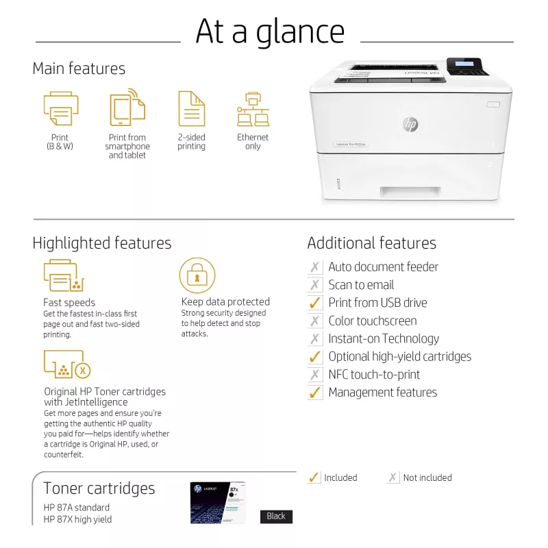 HP LaserJet Pro M501dn, laser, 600 x 600 DPI, A4, 43 ppm, dubbelzijdig printen, netwerkgeschikt
