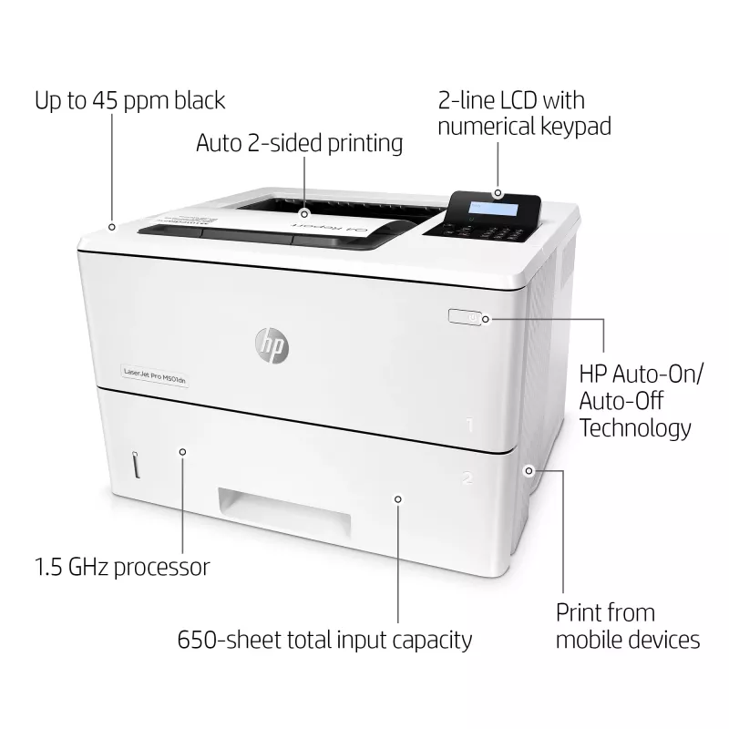 HP LaserJet Pro M501dn, laser, 600 x 600 DPI, A4, 43 ppm, dubbelzijdig printen, netwerkgeschikt