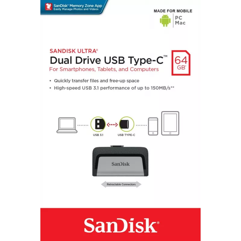 USB-flashdrive SanDisk 64GB USB Type-A USB Type-C Ultra Dual Drive