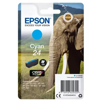 Epson Elephant singlepack cyaan 24 Claria Photo HD inkt, standaardbereik, cyaan, kleurstofinkt, 4,6 ml, 1 st., 360 pagina's