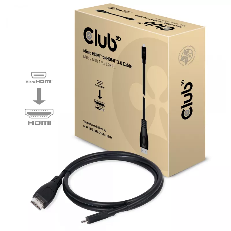 Club 3D CAC-1351 Micro HDMI-naar-HDMI 2.0-kabel, 4K60Hz, male/male, 1 m, zwart