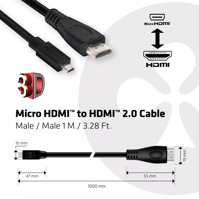 Club 3D CAC-1351 Micro HDMI-naar-HDMI 2.0-kabel, 4K60Hz, male/male, 1 m, zwart