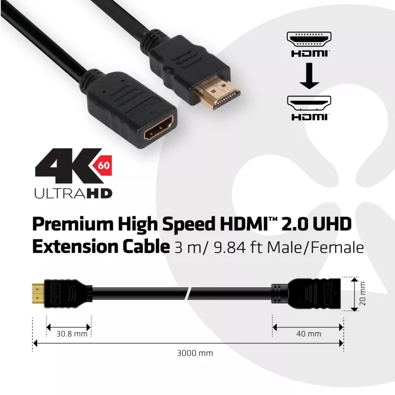 Club 3D CAC-1321 High Speed HDMI 2.0-verlengkabel, 4K60Hz, male/female, 3 m, zwart