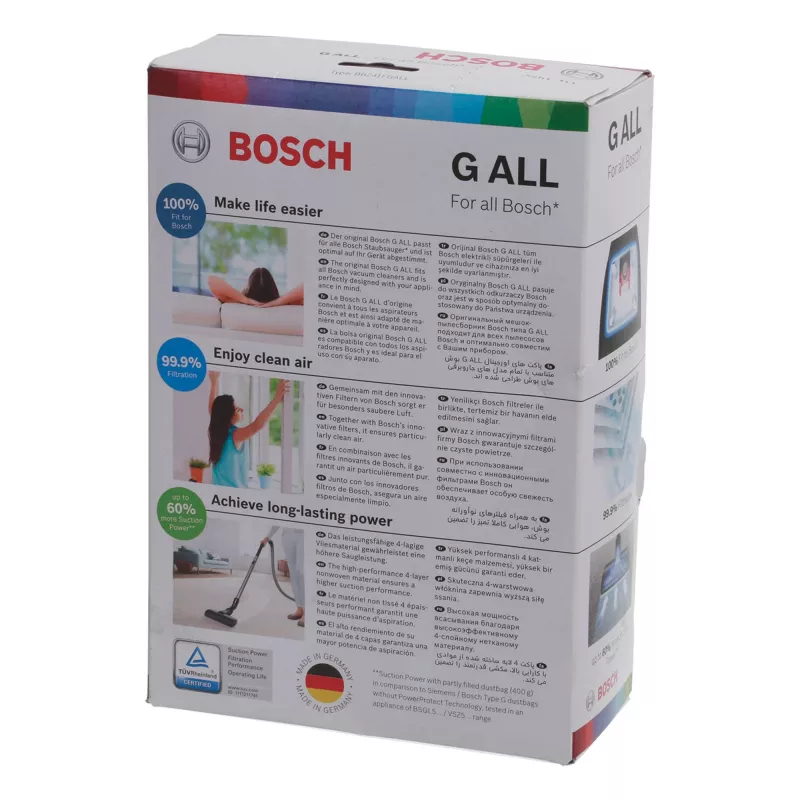 Stofzuigeraccessoire Bosch BBZ 41FGALL — 4 stofzakken en 1 filter, gewicht 0,14 kg, compacte verpakking