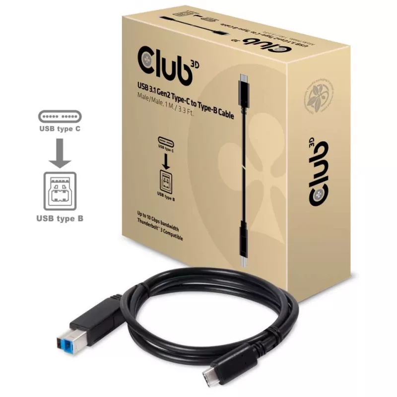 CLUB3D USB 3.1 Gen2 Type-C naar Type-B kabel mannelijk/mannelijk, 1 m / 3.3 ft