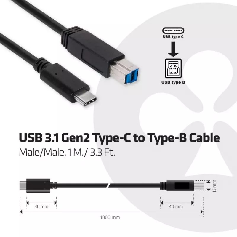 CLUB3D USB 3.1 Gen2 Type-C naar Type-B kabel mannelijk/mannelijk, 1 m / 3.3 ft