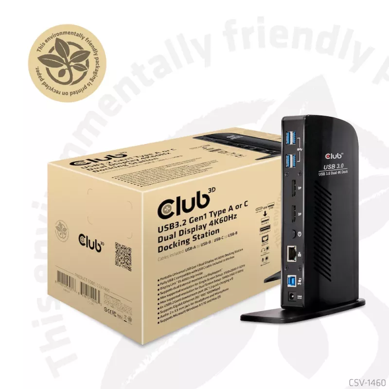 CLUB3D USB3.2 Gen1 type A of C Dual Display 4K60Hz Docking Station DisplayLink® gecertificeerd