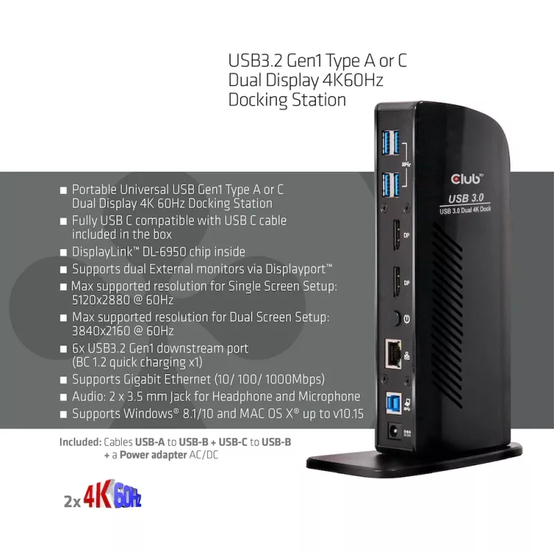 CLUB3D USB3.2 Gen1 type A of C Dual Display 4K60Hz Docking Station DisplayLink® gecertificeerd