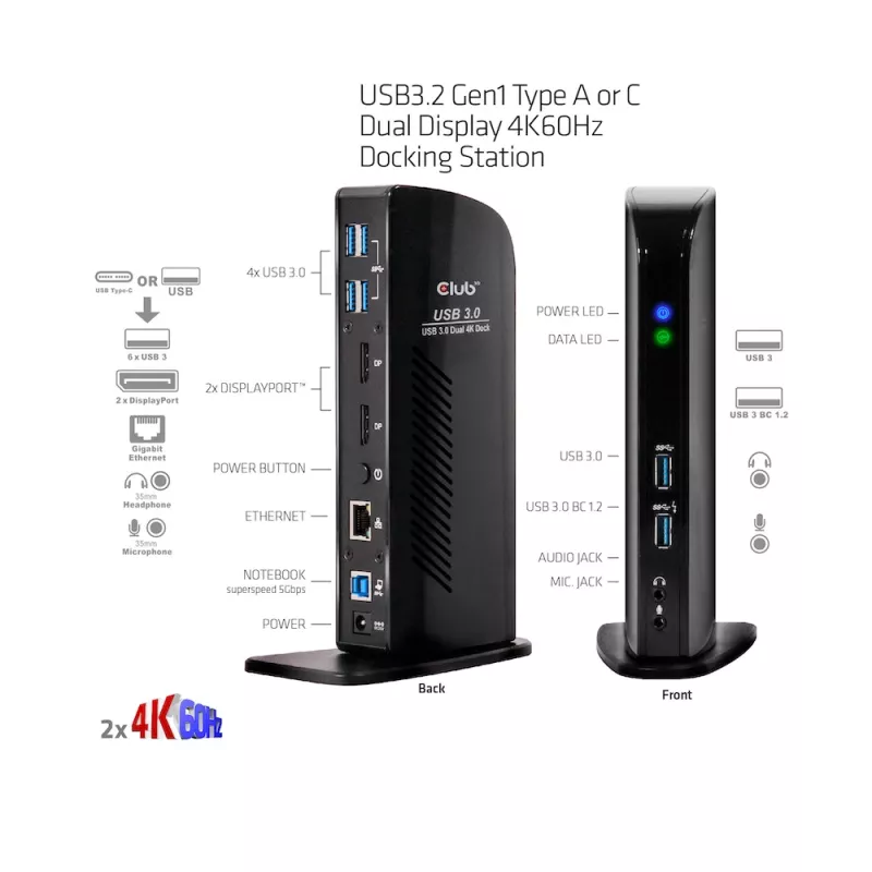 CLUB3D USB3.2 Gen1 type A of C Dual Display 4K60Hz Docking Station DisplayLink® gecertificeerd