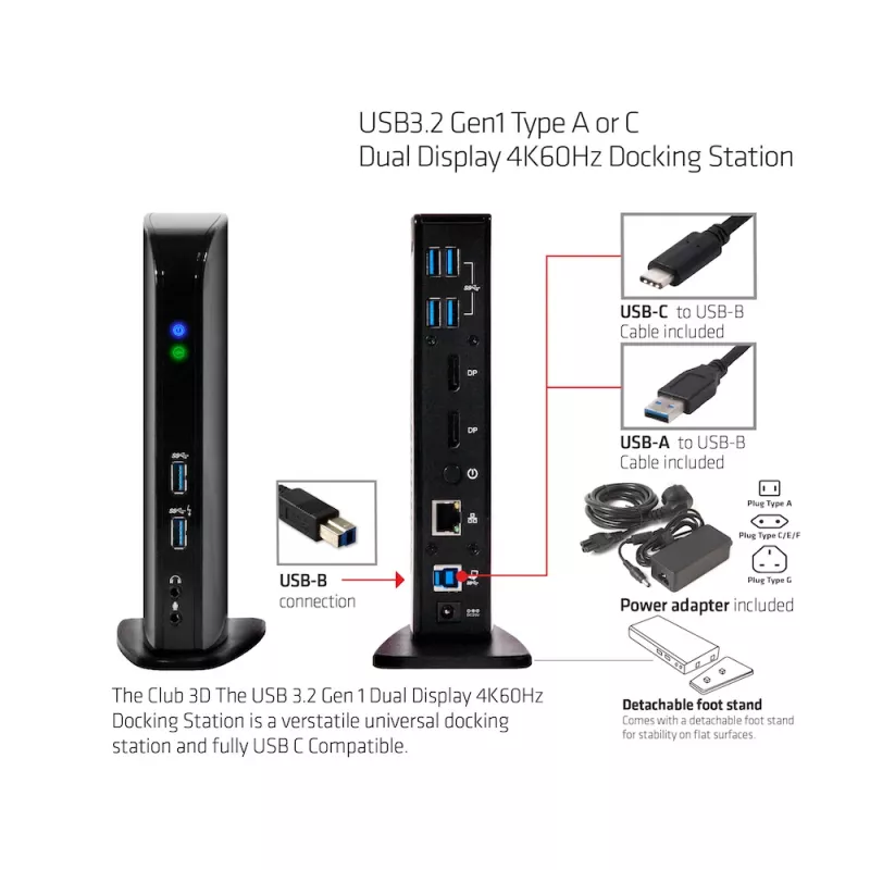 CLUB3D USB3.2 Gen1 type A of C Dual Display 4K60Hz Docking Station DisplayLink® gecertificeerd