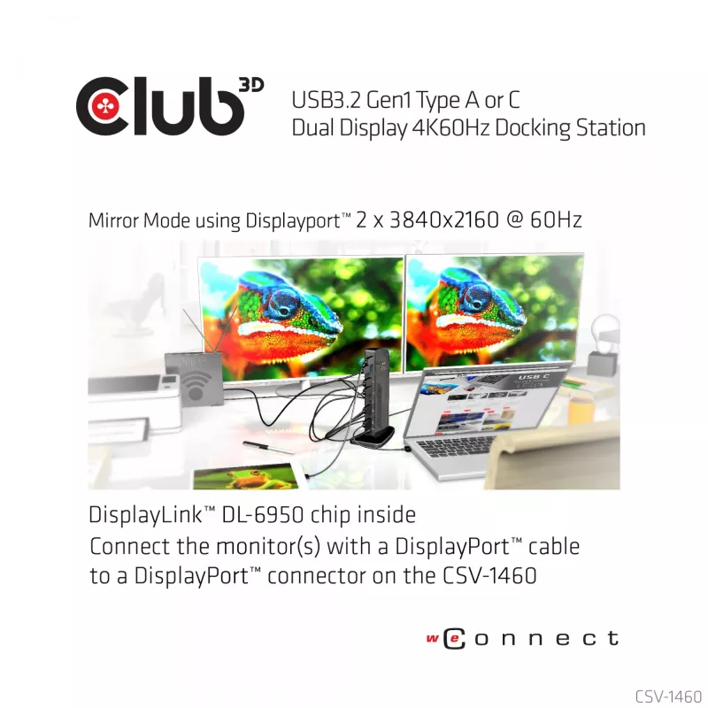 CLUB3D USB3.2 Gen1 type A of C Dual Display 4K60Hz Docking Station DisplayLink® gecertificeerd