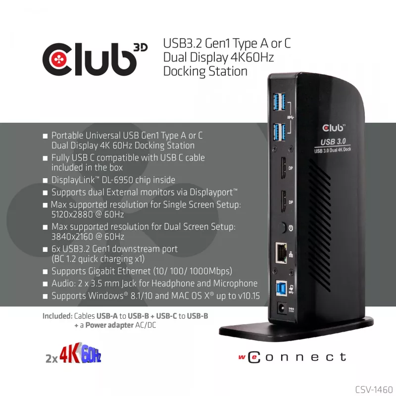 CLUB3D USB3.2 Gen1 type A of C Dual Display 4K60Hz Docking Station DisplayLink® gecertificeerd