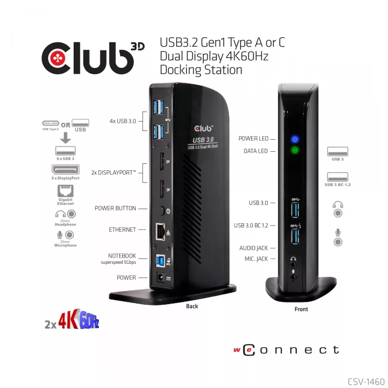 CLUB3D USB3.2 Gen1 type A of C Dual Display 4K60Hz Docking Station DisplayLink® gecertificeerd