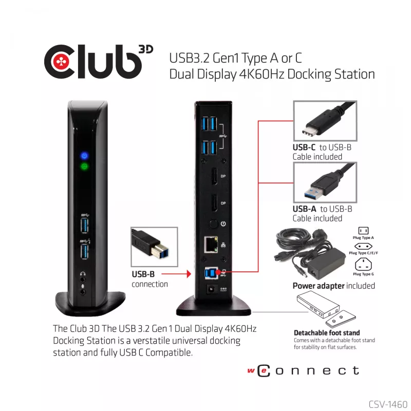 CLUB3D USB3.2 Gen1 type A of C Dual Display 4K60Hz Docking Station DisplayLink® gecertificeerd