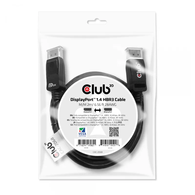 Club 3D CAC-2068 DisplayPort 1.4-kabel, HBR3, 32,4 Gbps, 8K60Hz, M/M, 2 m, zwart