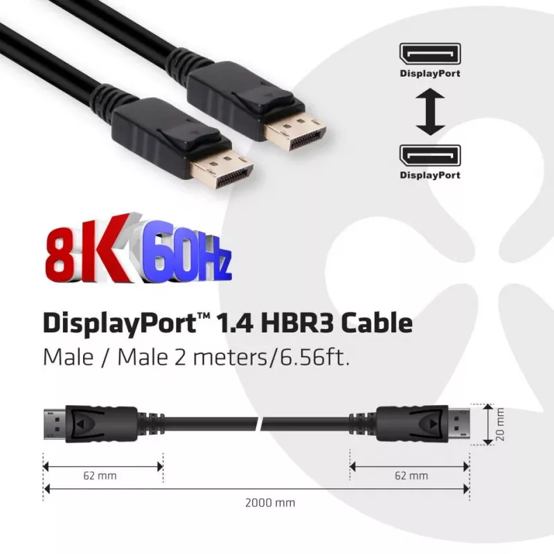 Club 3D CAC-2068 DisplayPort 1.4-kabel, HBR3, 32,4 Gbps, 8K60Hz, M/M, 2 m, zwart