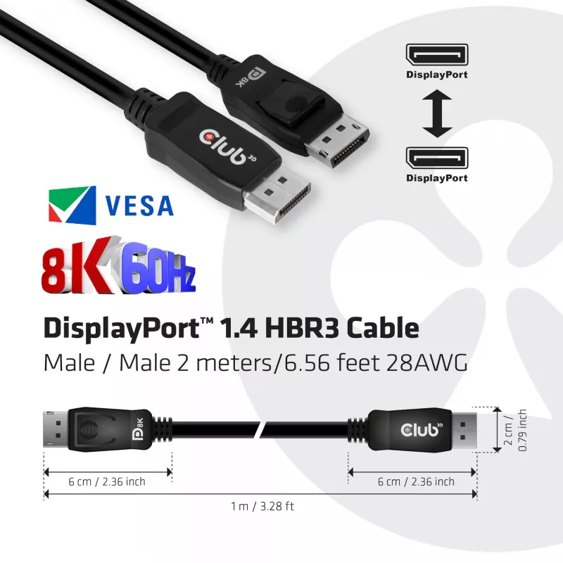 Club 3D CAC-2068 DisplayPort 1.4-kabel, HBR3, 32,4 Gbps, 8K60Hz, M/M, 2 m, zwart