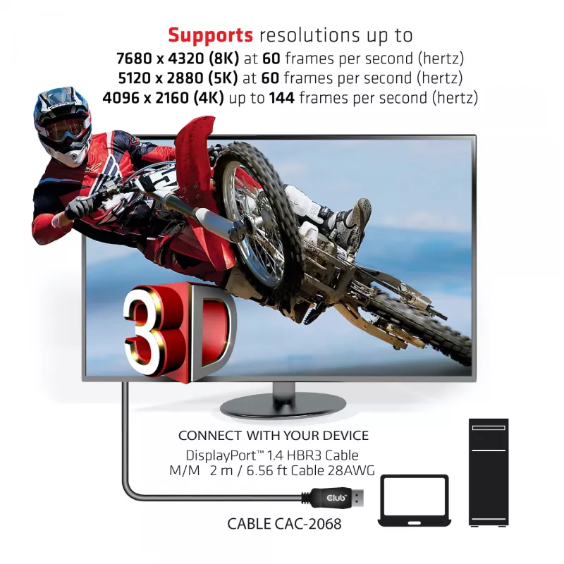Club 3D CAC-2068 DisplayPort 1.4-kabel, HBR3, 32,4 Gbps, 8K60Hz, M/M, 2 m, zwart