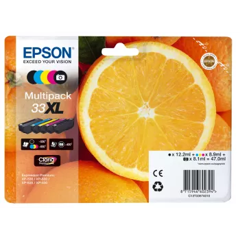 Epson oranje multipack 5 kleuren 33XL Claria Premium inkt, hoge (XL) capaciteit, zwart, fotozwart, cyaan, magenta, geel, pigmentinkt, kleurstofinkt, 12.2 ml, 8.9 ml