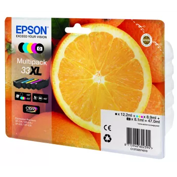 Epson oranje multipack 5 kleuren 33XL Claria Premium inkt, hoge (XL) capaciteit, zwart, fotozwart, cyaan, magenta, geel, pigmentinkt, kleurstofinkt, 12.2 ml, 8.9 ml
