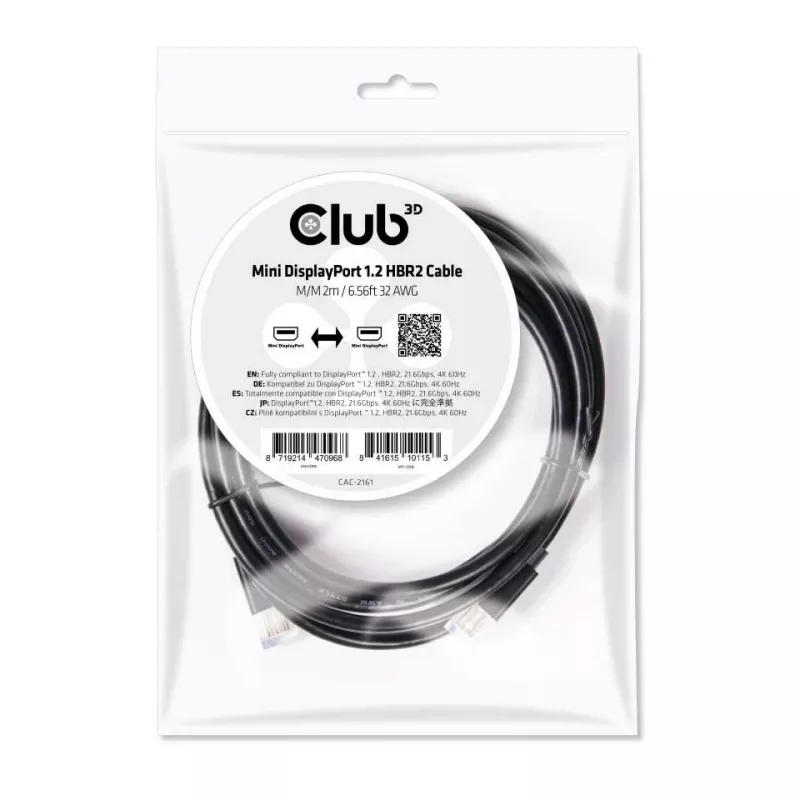 Club 3D CAC-2161 Mini DisplayPort 1.2 HBR2-kabel, 4K, M/M, 2 m, zwart