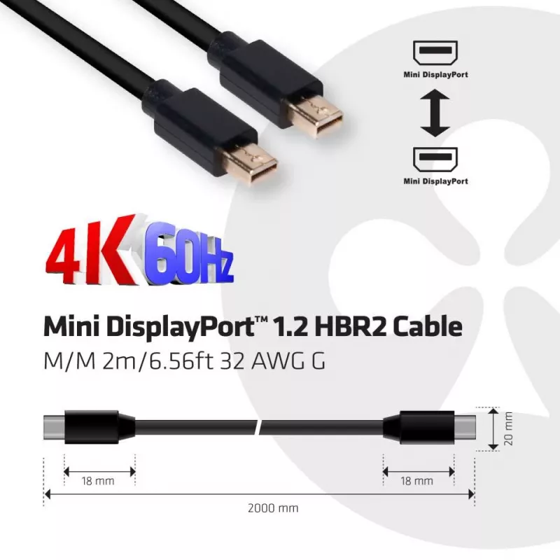 Club 3D CAC-2161 Mini DisplayPort 1.2 HBR2-kabel, 4K, M/M, 2 m, zwart
