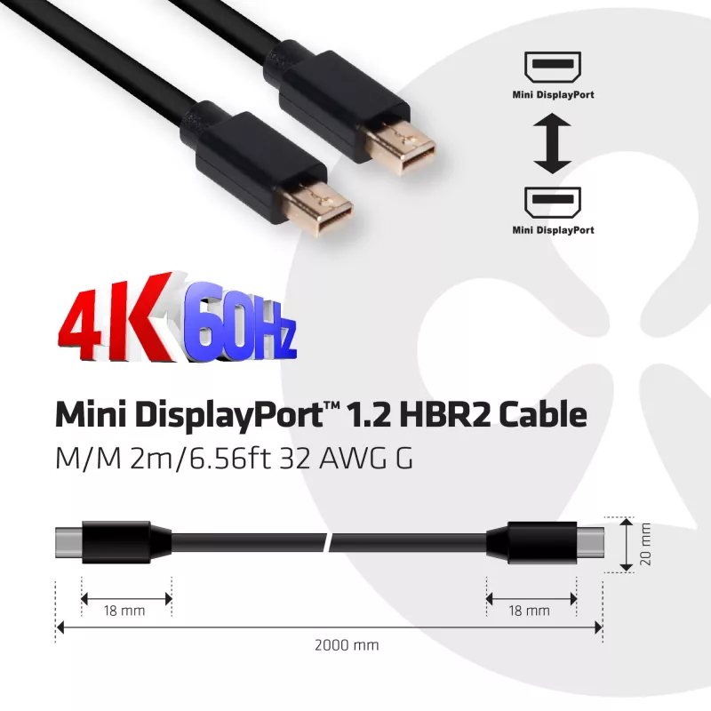 Club 3D CAC-2161 Mini DisplayPort 1.2 HBR2-kabel, 4K, M/M, 2 m, zwart