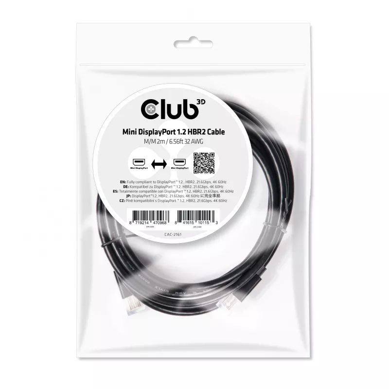 Club 3D CAC-2161 Mini DisplayPort 1.2 HBR2-kabel, 4K, M/M, 2 m, zwart