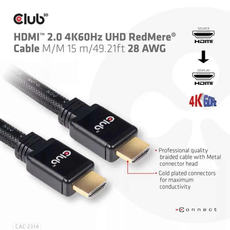 CLUB3D HDMI 2.0 4K60Hz RedMere-kabel 15m/49,2ft