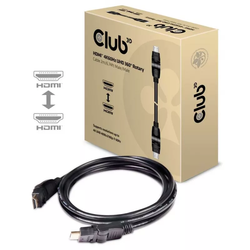 Club 3D CAC-1360 HDMI 2.0-kabel met Ethernet, 360° draaibaar, 4K60Hz UHD, M/M, 2 m, zwart