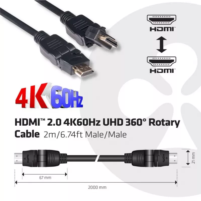 Club 3D CAC-1360 HDMI 2.0-kabel met Ethernet, 360° draaibaar, 4K60Hz UHD, M/M, 2 m, zwart