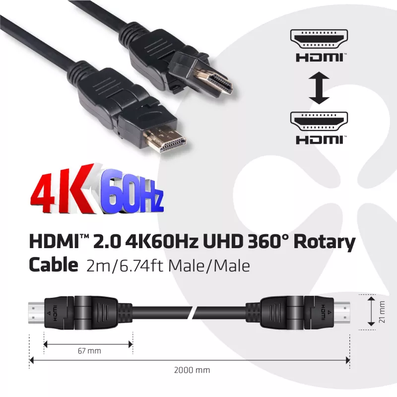 Club 3D CAC-1360 HDMI 2.0-kabel met Ethernet, 360° draaibaar, 4K60Hz UHD, M/M, 2 m, zwart