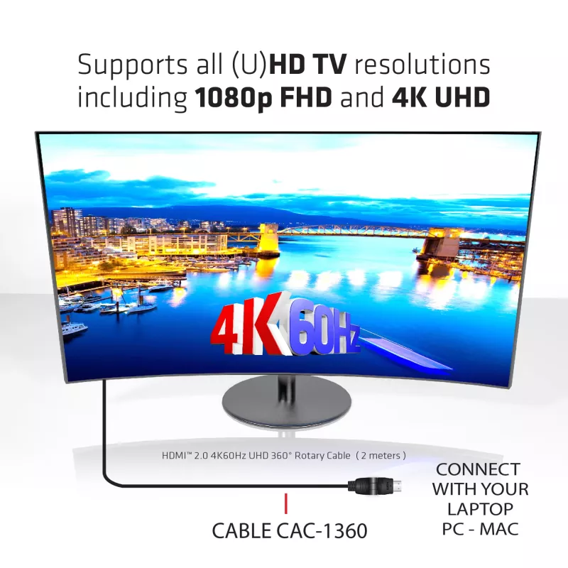 Club 3D CAC-1360 HDMI 2.0-kabel met Ethernet, 360° draaibaar, 4K60Hz UHD, M/M, 2 m, zwart