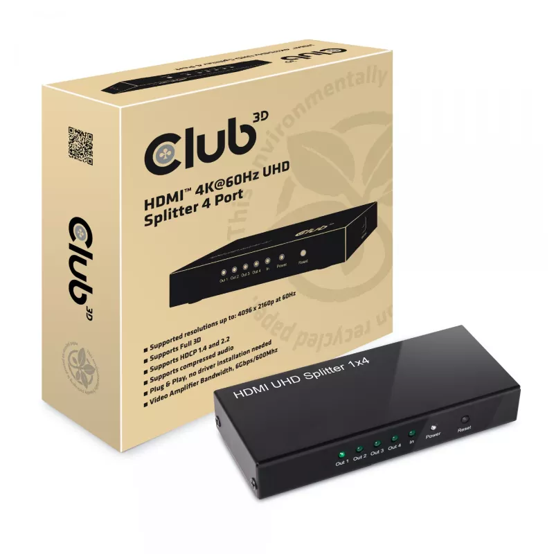 CLUB3D HDMI™ 4K@60Hz UHD splitter AC-voeding 4 poorten