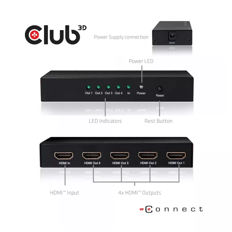 CLUB3D HDMI™ 4K@60Hz UHD splitter AC-voeding 4 poorten