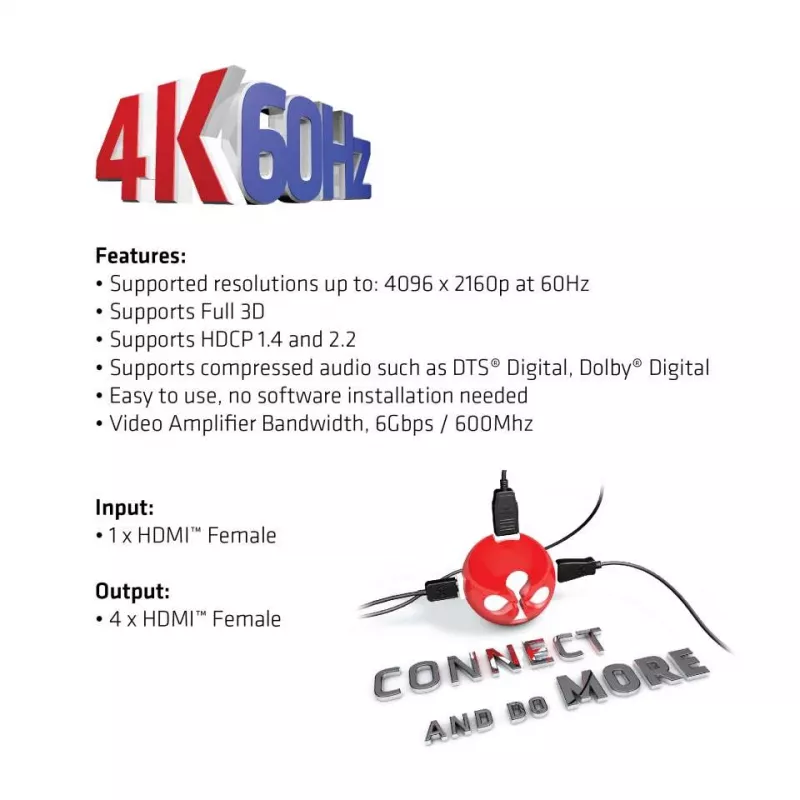 CLUB3D HDMI™ 4K@60Hz UHD splitter AC-voeding 4 poorten