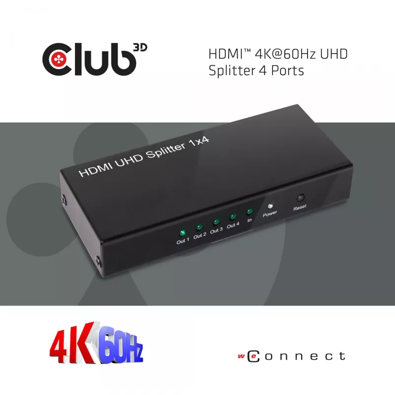 CLUB3D HDMI™ 4K@60Hz UHD splitter AC-voeding 4 poorten