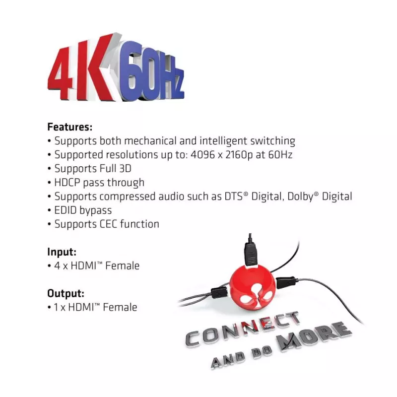 CLUB3D HDMI™ 2.0 UHD 4K60Hz SwitchBox 4 poorten met IR-afstandsbediening