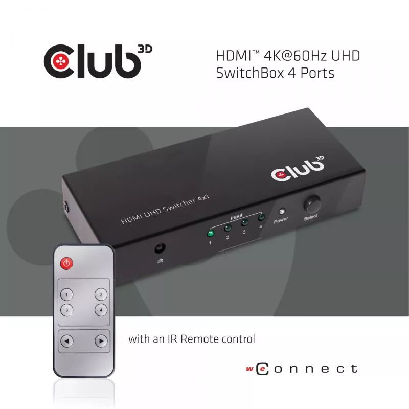 CLUB3D HDMI™ 2.0 UHD 4K60Hz SwitchBox 4 poorten met IR-afstandsbediening