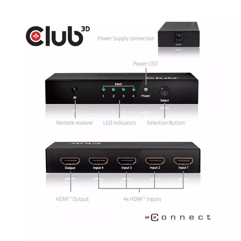 CLUB3D HDMI™ 2.0 UHD 4K60Hz SwitchBox 4 poorten met IR-afstandsbediening