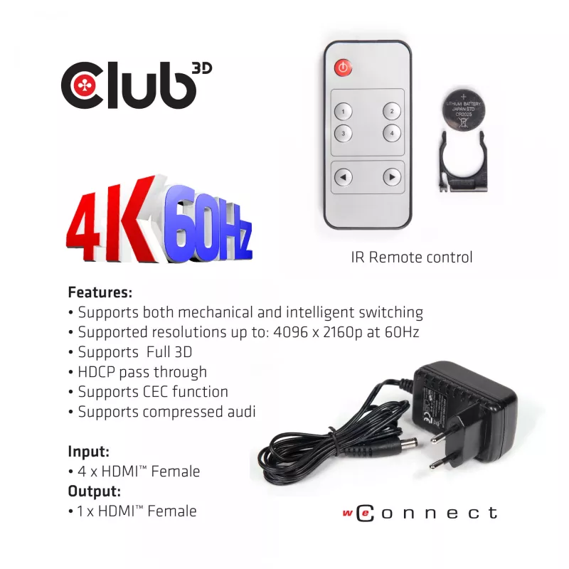 CLUB3D HDMI™ 2.0 UHD 4K60Hz SwitchBox 4 poorten met IR-afstandsbediening