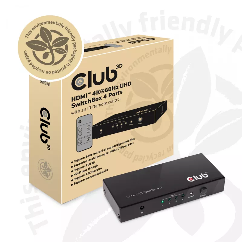 CLUB3D HDMI™ 2.0 UHD 4K60Hz SwitchBox 4 poorten met IR-afstandsbediening