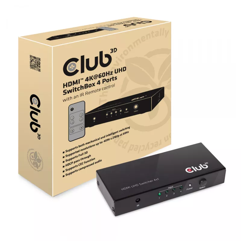 CLUB3D HDMI™ 2.0 UHD 4K60Hz SwitchBox 4 poorten met IR-afstandsbediening