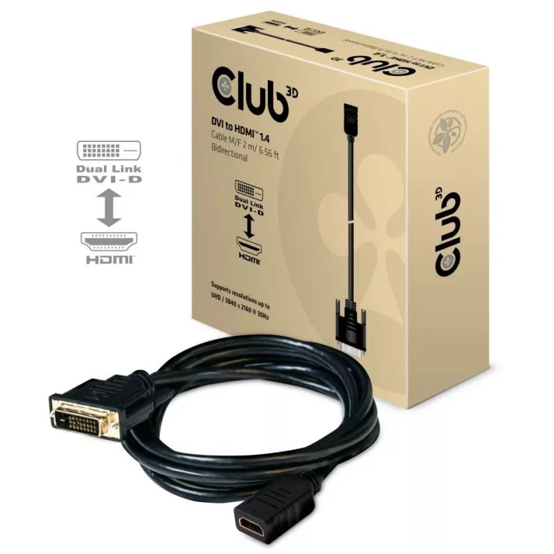 Club 3D CAC-1211 DVI-D naar HDMI 1.4-kabel, Dual Link, M/F, 2 m, zwart