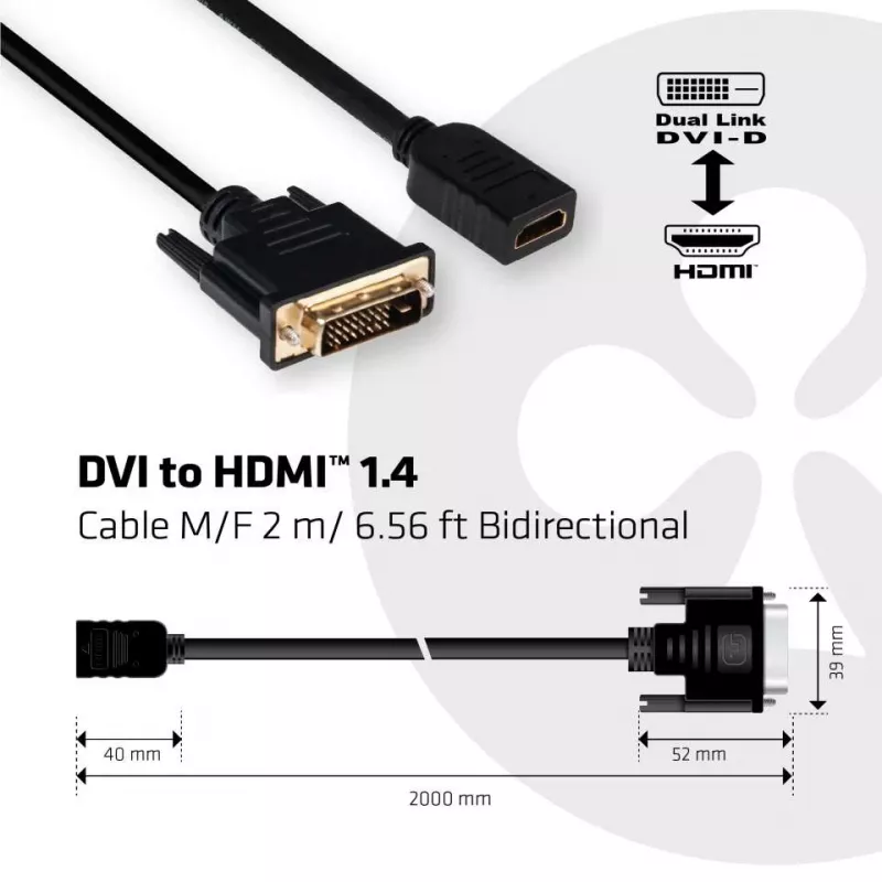 Club 3D CAC-1211 DVI-D naar HDMI 1.4-kabel, Dual Link, M/F, 2 m, zwart