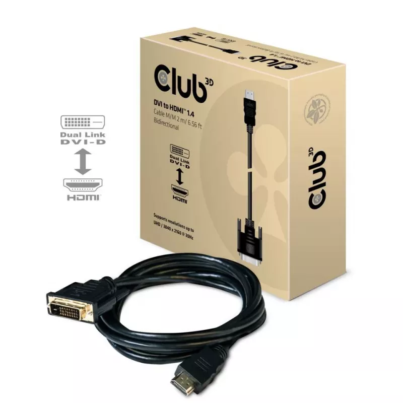 Club 3D CAC-1210 DVI-D-naar-HDMI 1.4-kabel, Dual Link, bidirectioneel, 4K, M/M, 2 m, zwart