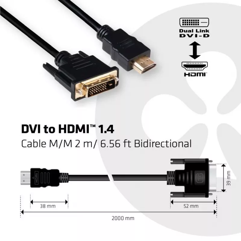 Club 3D CAC-1210 DVI-D-naar-HDMI 1.4-kabel, Dual Link, bidirectioneel, 4K, M/M, 2 m, zwart