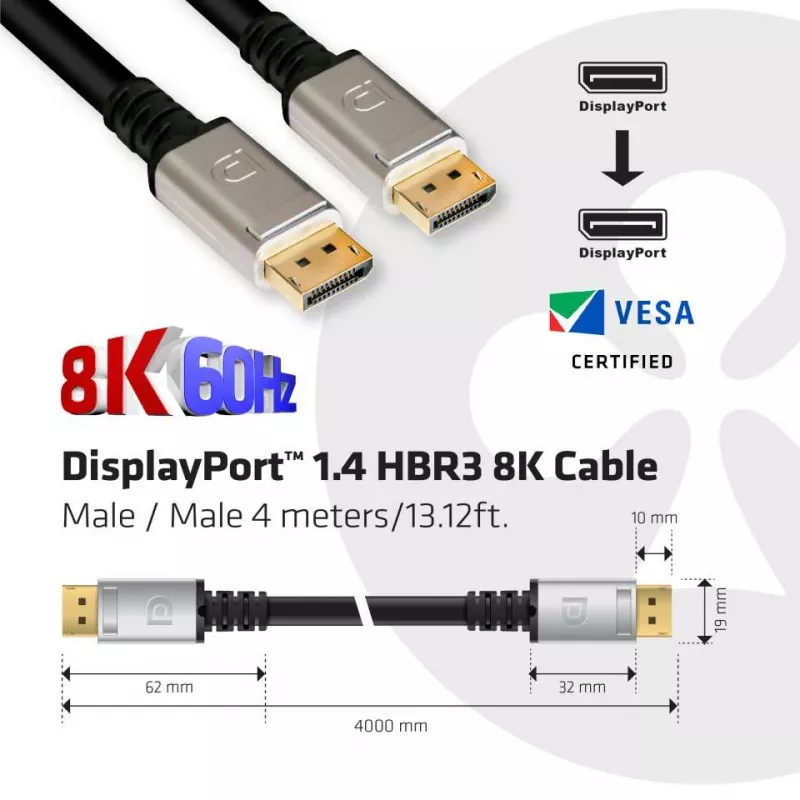 Club 3D CAC-1069 DisplayPort 1.4 HBR3-kabel, 8K 60 Hz, 32,4 Gbps, DSC, HDR, VESA-gecertificeerd, M/M, 4 m, zwart